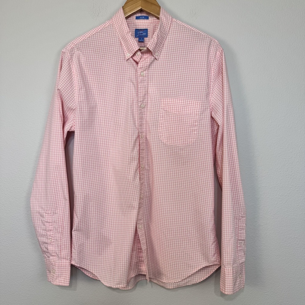 J.Crew‎ Shirt Mens Large Pink Gingham Check Slim Fit Long Sleeve Button Down
